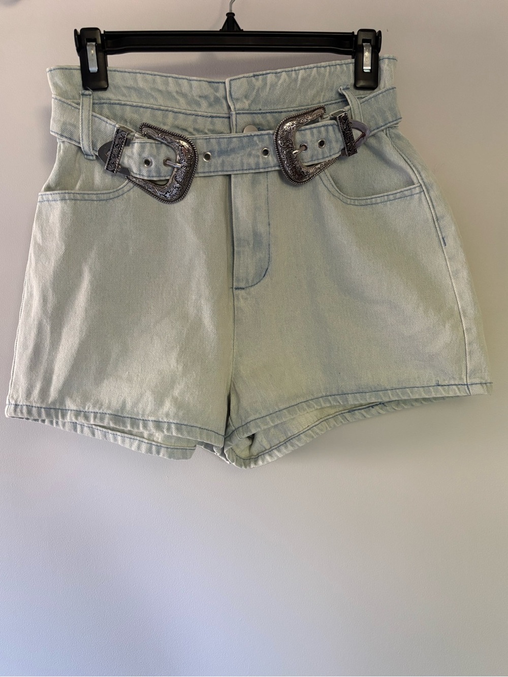 High Waisted Light Denim Shorts with Double Western Buckle